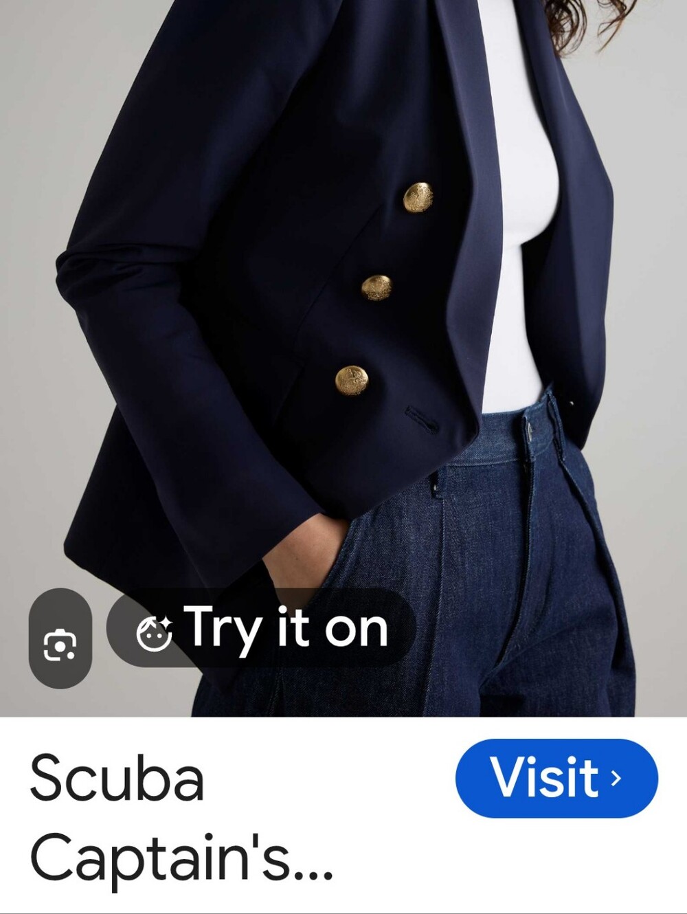 Quince Double-Breasted Navy Blazer with Gold Buttons Women's
